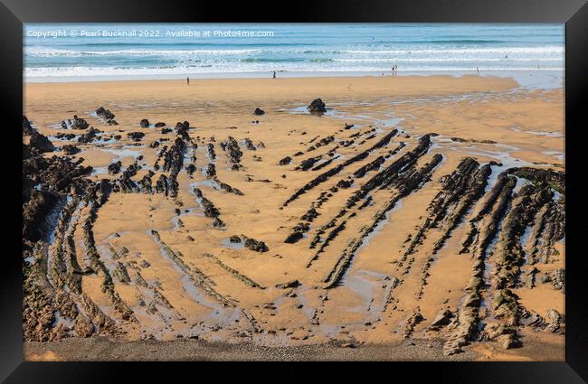 Bude Rocks on Beach Cornwall Coast Framed Print by Pearl Bucknall
