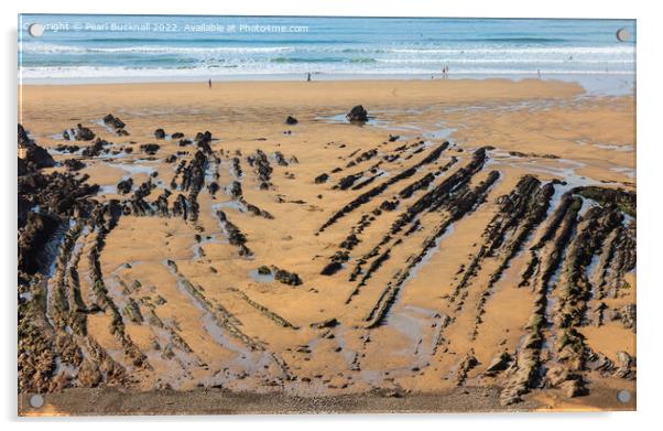 Bude Rocks on Beach Cornwall Coast Acrylic by Pearl Bucknall
