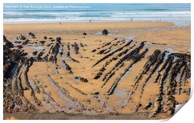 Bude Rocks on Beach Cornwall Coast Print by Pearl Bucknall