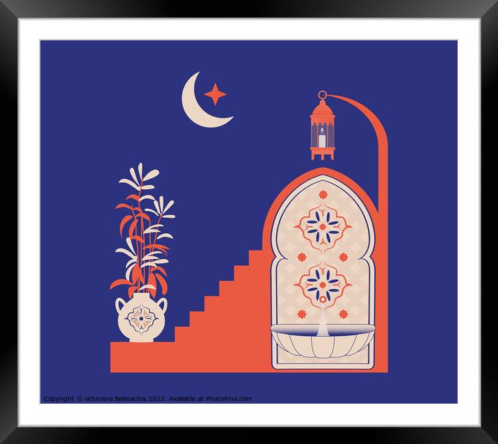 Creative minimalist abstracts. House or mosque facade with water fountain, hallway and portal with arch, indoor plants. Framed Mounted Print by othmane Belmachia