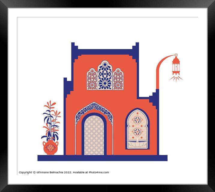 Creative minimalist abstracts. House or mosque facade with water fountain, candle lamp, stairs, indoor plants. Framed Mounted Print by othmane Belmachia