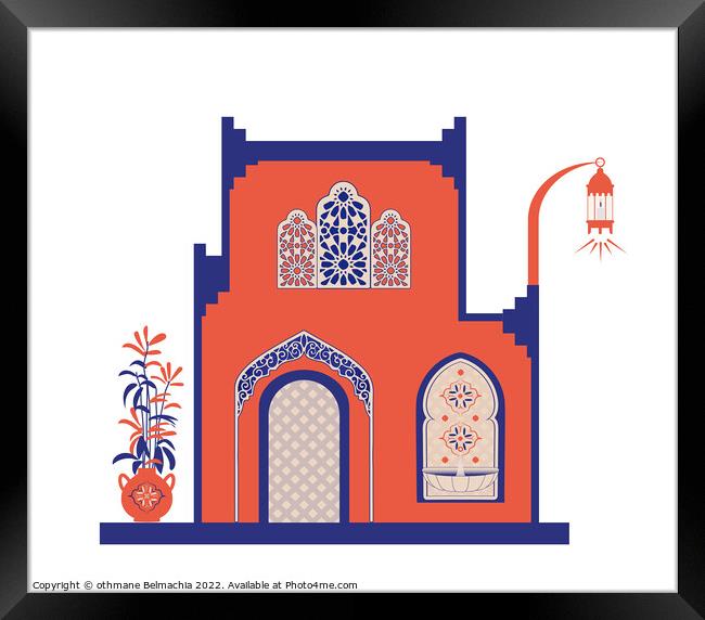 Creative minimalist abstracts. House or mosque facade with water fountain, candle lamp, stairs, indoor plants. Framed Print by othmane Belmachia