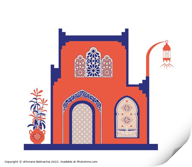 Creative minimalist abstracts. House or mosque facade with water fountain, candle lamp, stairs, indoor plants. Print by othmane Belmachia
