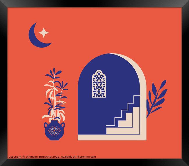 Creative minimalist abstracts. House or mosque facade with stairs, hallway and portal with arch, indoor plants, Arabesque window. Framed Print by othmane Belmachia