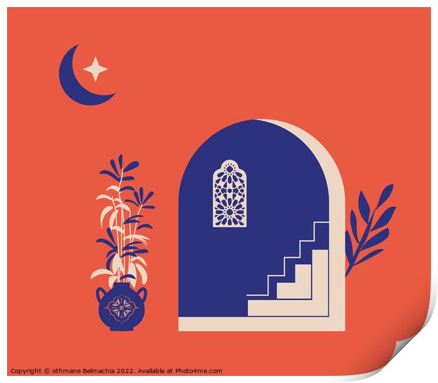 Creative minimalist abstracts. House or mosque facade with stairs, hallway and portal with arch, indoor plants, Arabesque window. Print by othmane Belmachia