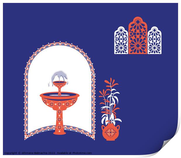 Creative minimalist abstracts. House or mosque facade with water fountain, indoor plants, Arabesque windows Print by othmane Belmachia