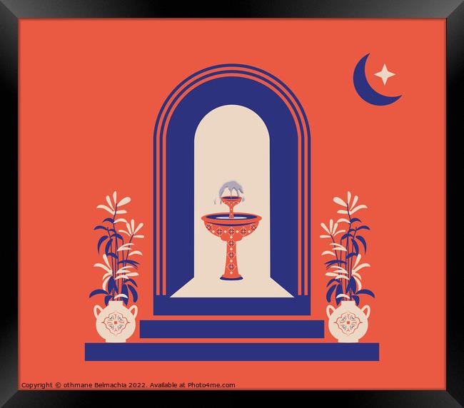 Creative minimalist abstracts. House or mosque facade with water fountain, hallway and portal with arch, indoor plants.  Framed Print by othmane Belmachia