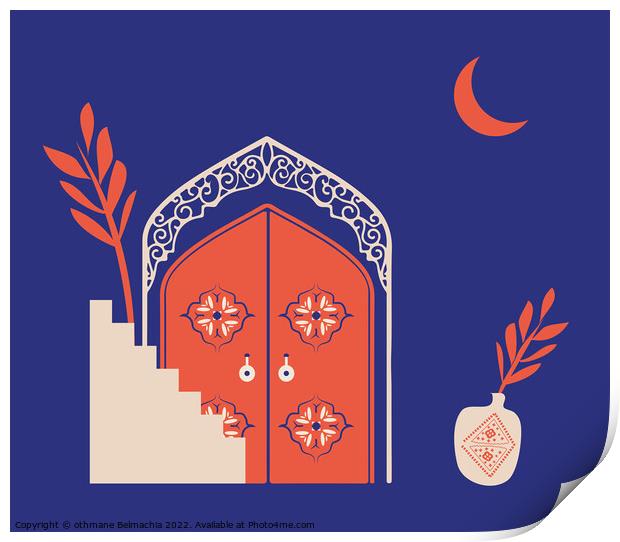 Creative minimalist abstracts. House or mosque facade with stairs, hallway and portal with arch, indoor plants, Arabesque window.  Print by othmane Belmachia