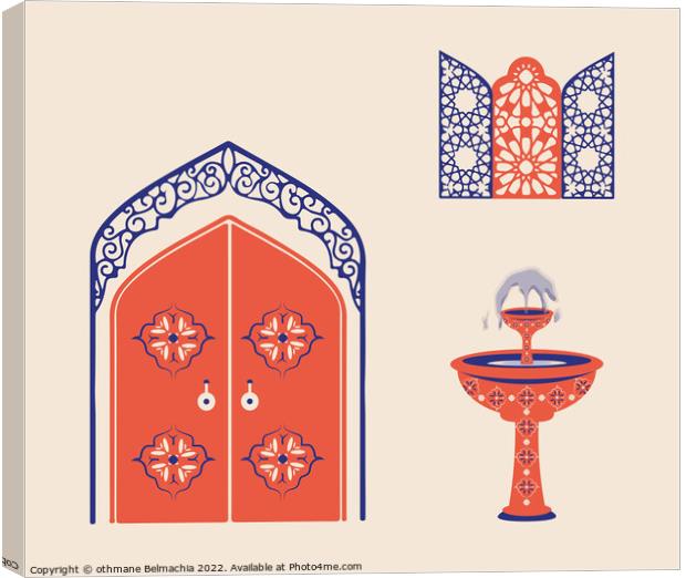 Creative minimalist abstracts. House or mosque facade with water fountain, hallway and portal with arch, Arabesque Windows. Canvas Print by othmane Belmachia