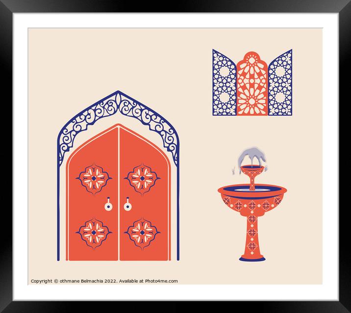 Creative minimalist abstracts. House or mosque facade with water fountain, hallway and portal with arch, Arabesque Windows. Framed Mounted Print by othmane Belmachia