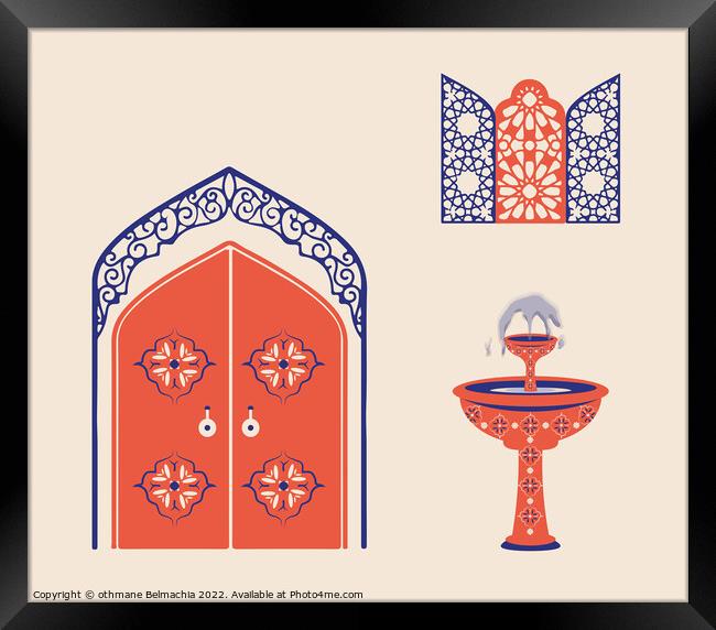 Creative minimalist abstracts. House or mosque facade with water fountain, hallway and portal with arch, Arabesque Windows. Framed Print by othmane Belmachia