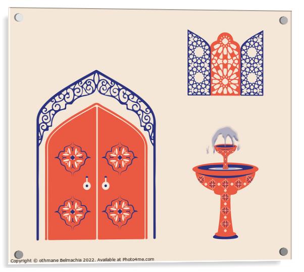 Creative minimalist abstracts. House or mosque facade with water fountain, hallway and portal with arch, Arabesque Windows. Acrylic by othmane Belmachia