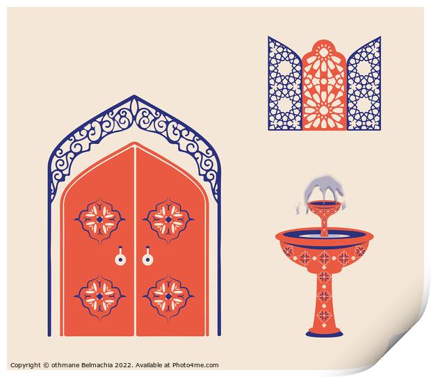 Creative minimalist abstracts. House or mosque facade with water fountain, hallway and portal with arch, Arabesque Windows. Print by othmane Belmachia