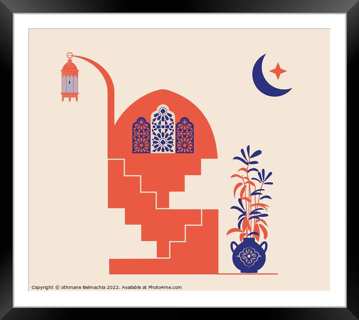 Creative minimalist abstracts. House or mosque facade with stairs, hallway and portal with arch, indoor plants, Arabesque window. Framed Mounted Print by othmane Belmachia