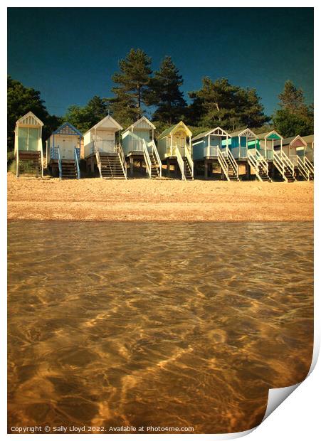 Beach Huts from the water at Wells-next-the-sea Print by Sally Lloyd