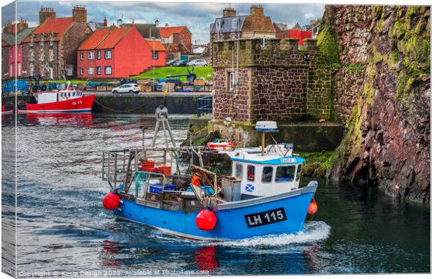 Fishing Boat Leaving Historic Dunbar Harbour Canvas Print by Kasia Design