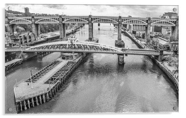 Newcastle upon Tyne, swing bridge black and white  Acrylic by Holly Burgess