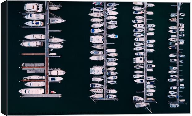 Aerial Top View Yachts and Sailboats Moored in Marina Canvas Print by Alexandre Rotenberg