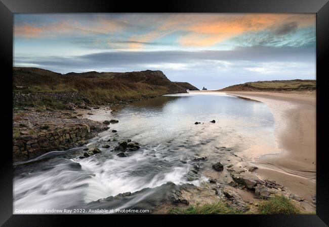 Broad Haven (South) waterfall at sunrise Framed Print by Andrew Ray