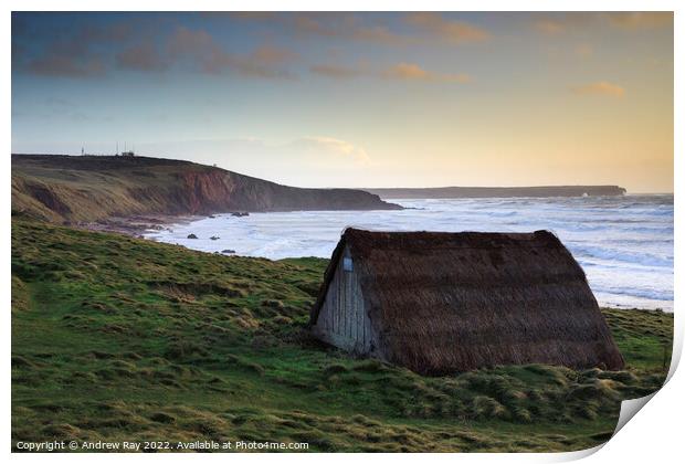 Seaweed drying hut at sunset (Freshwater West) Print by Andrew Ray