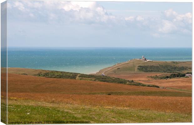 View over South Downs towards Bel Tout Lighthouse Canvas Print by Sally Wallis