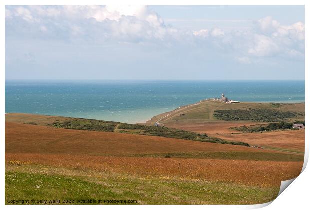 View over South Downs towards Bel Tout Lighthouse Print by Sally Wallis