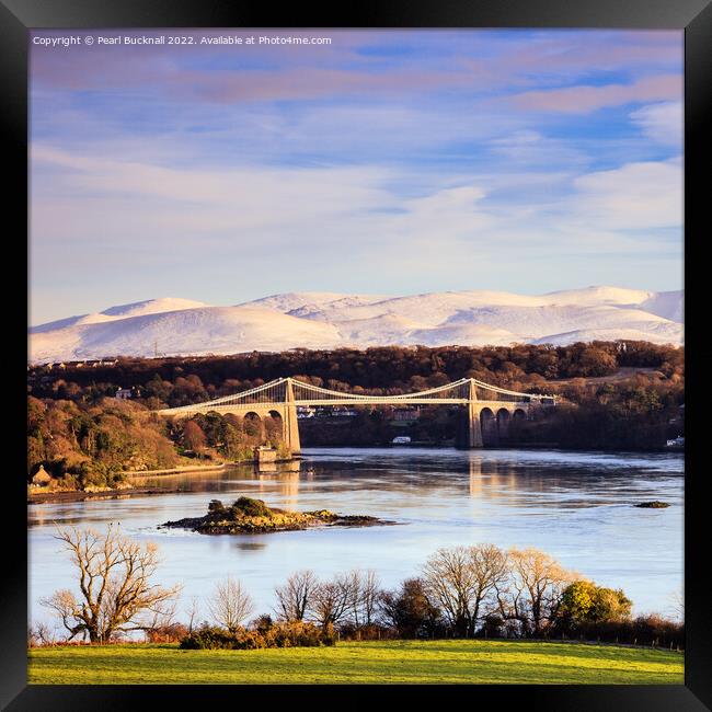 Menai Bridge in Winter Anglesey Coast Wales Framed Print by Pearl Bucknall