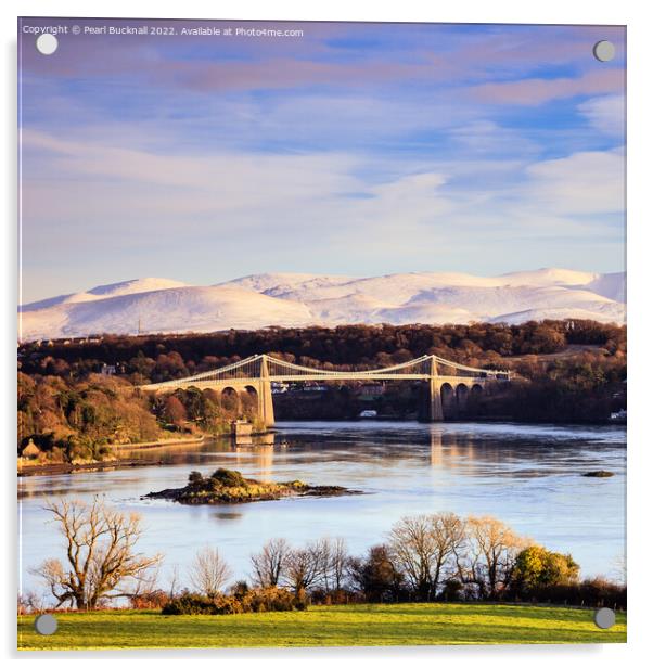 Menai Bridge in Winter Anglesey Coast Wales Acrylic by Pearl Bucknall