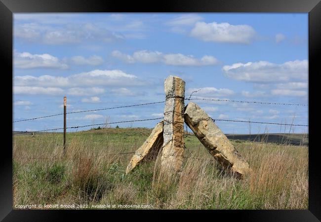 Stone Post corner fence with a field and blue sky Framed Print by Robert Brozek