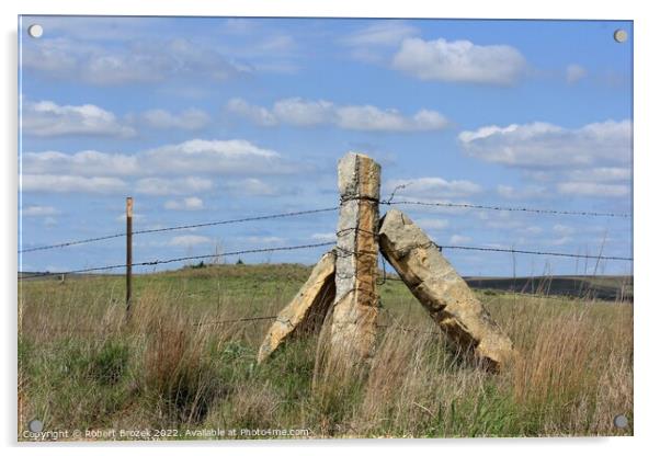 Stone Post corner fence with a field and blue sky Acrylic by Robert Brozek