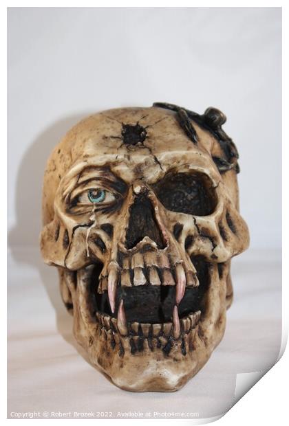 Skull with fangs and Scorpion shot closeup. Print by Robert Brozek