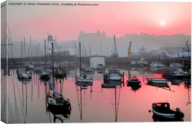 Scarborough Harbour Evening Red Sky Canvas Print by Alison Chambers