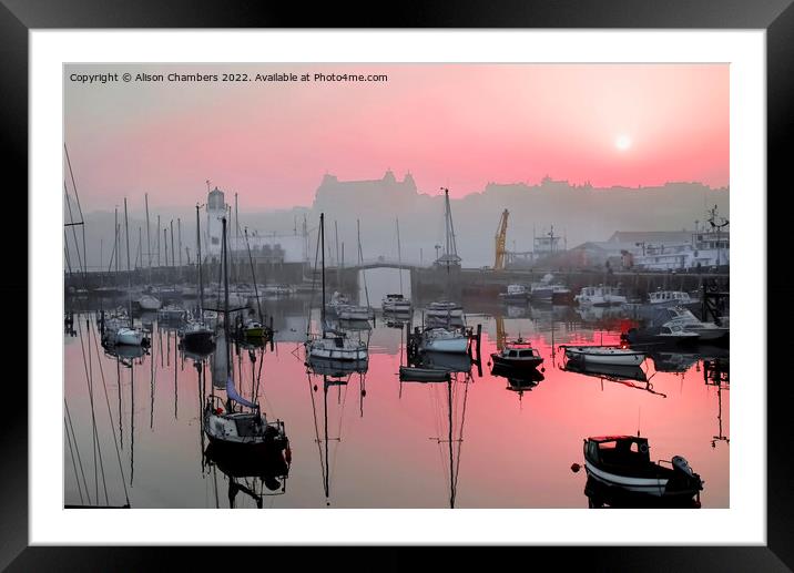 Scarborough Harbour Evening Red Sky Framed Mounted Print by Alison Chambers