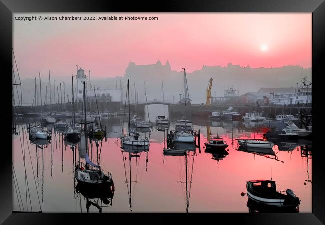 Scarborough Harbour Evening Red Sky Framed Print by Alison Chambers
