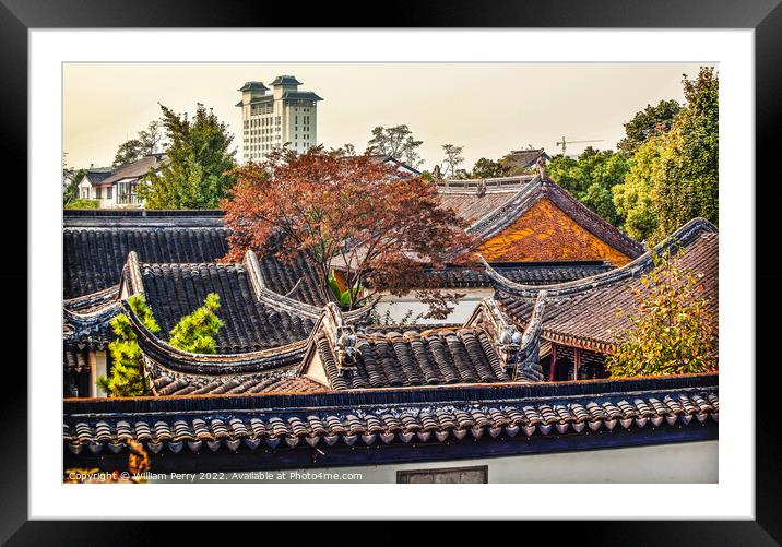 Ancient Style White Apartment Rooftops Suzhou China Framed Mounted Print by William Perry