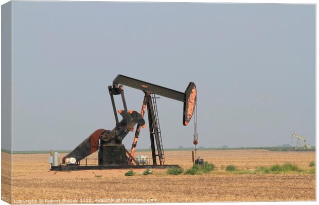 Outdoor field with oilwell pump and blue sky Canvas Print by Robert Brozek