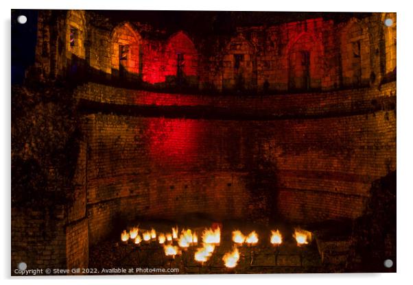 Floodlit Multangular Tower Fortress Glowing Red an Acrylic by Steve Gill