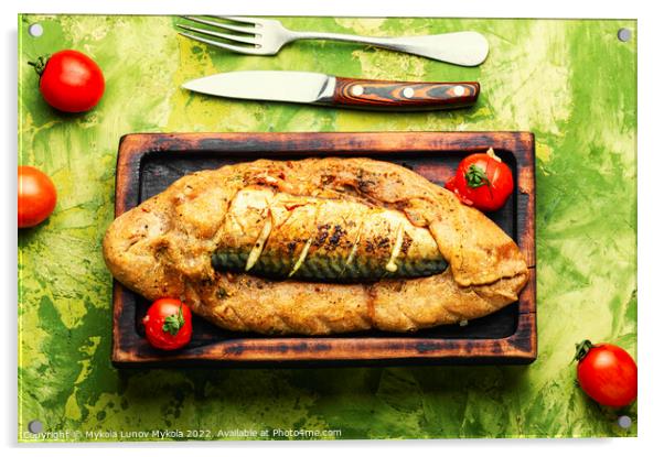Mackerel or scomber baked in bread loaf Acrylic by Mykola Lunov Mykola