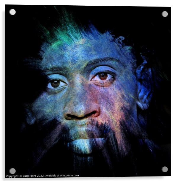Young black man staring out of the dark. Acrylic by Luigi Petro