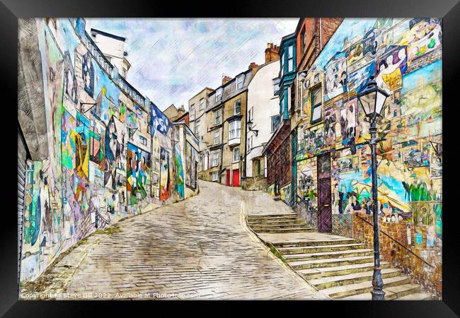 Graffiti Decorating Walls of Houses on a Cobbled S Framed Print by Steve Gill