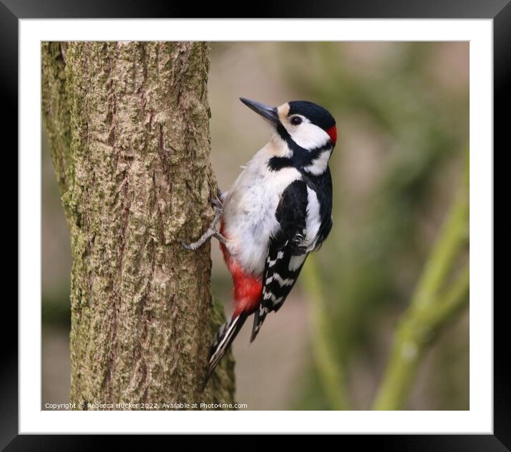Great Spotted Woodpecker Framed Mounted Print by Rebecca Hucker