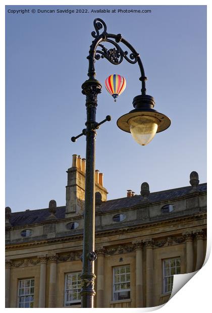 Striped hot air balloon framed over Bath at the Circus  Print by Duncan Savidge