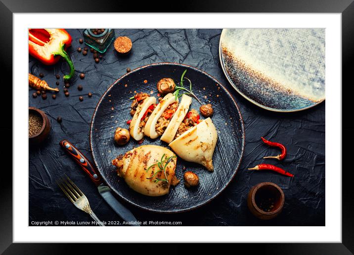 Tasty grilled squid with mushrooms filling Framed Mounted Print by Mykola Lunov Mykola