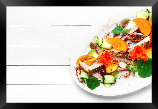 Sliced roasted steak with vegetables, salad Framed Print by Mykola Lunov Mykola