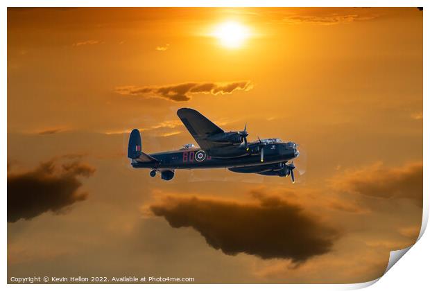 Lncaster bomber in flight at sunset Print by Kevin Hellon