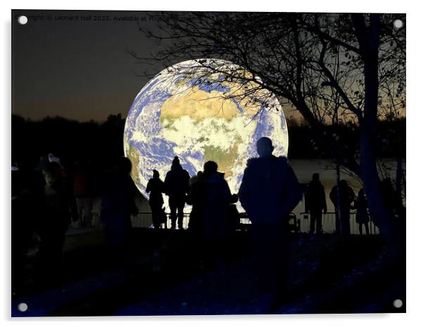People silhouetted on an Earth artwork on Penningt Acrylic by Leonard Hall