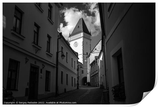 Medieval street with historical buildings, gothic clock tower of Town hall. Tabor, South Bohemia, Czech Republic. Print by Sergey Fedoskin