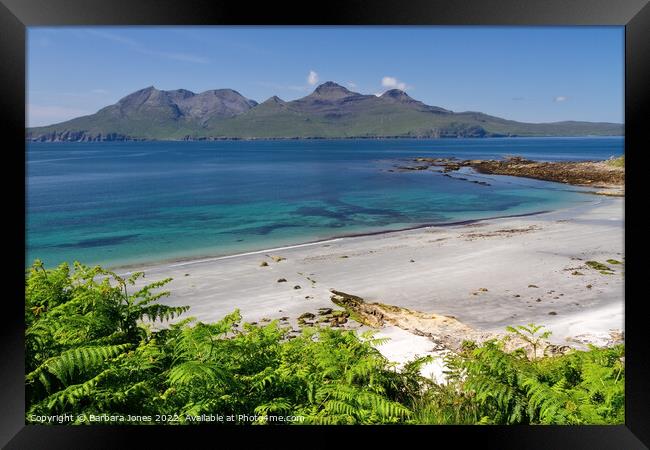 Isle of Eigg, Singing Sands View in Summer Scotlan Framed Print by Barbara Jones
