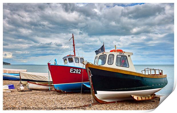 Colourful Fishing Boats on Beer Beach, Devon Print by Graham Prentice