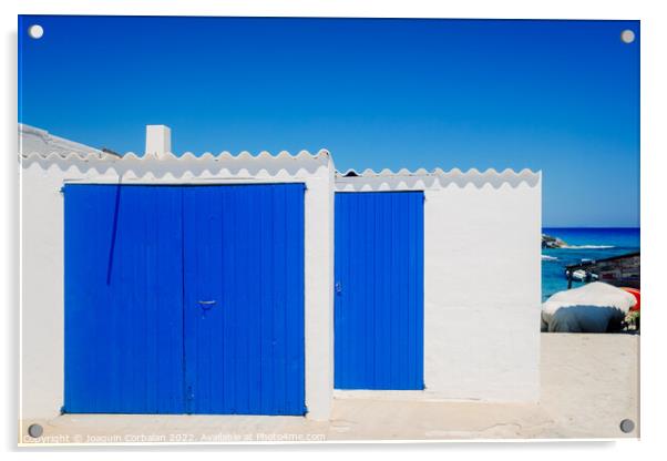 Fisherman's hut with white walls and colorful blue wooden doors  Acrylic by Joaquin Corbalan